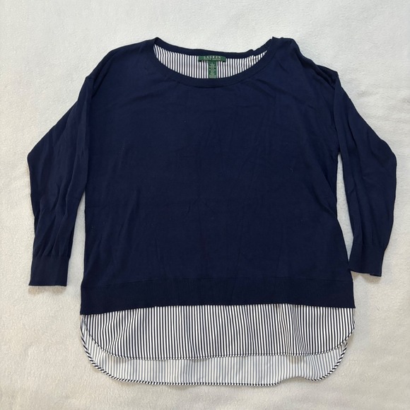 Lauren Ralph Lauren Sweaters - Lauren Ralph Lauren Navy Blue Striped Layered Mixed Media Sweater Top Large